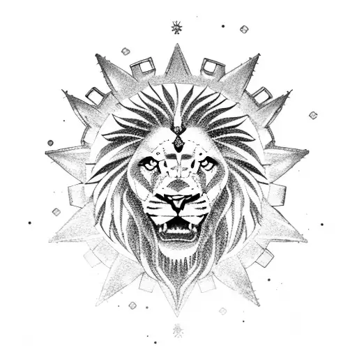 An anime-style lion with mechanical gears as its mane, standing on a castle tower at the beach tattoo design idea