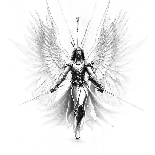 An archangel descending from the heavens, holding excalibur tattoo design idea