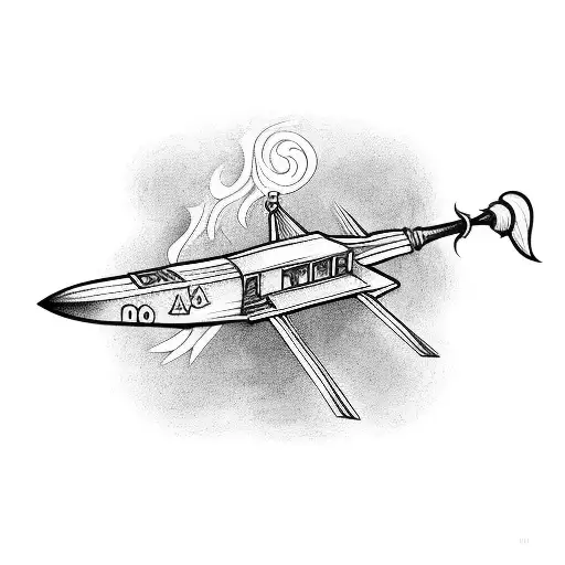 A tattoo design of a magical flying broomstick from Harry Potter, with a vintage airplane flying alongside it tattoo design idea