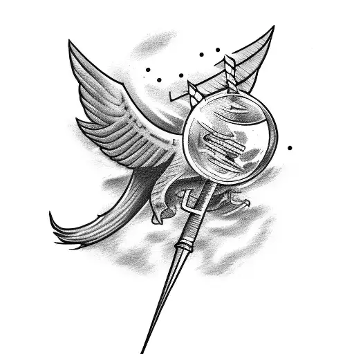 A tattoo design of a magical flying broomstick from Harry Potter, with a vintage airplane flying alongside it tattoo design idea