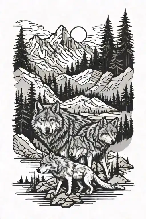 a wolf pack consisting of 2 adults and 3 cubs at scale vs a background of mountains and forest and rivers tattoo design idea