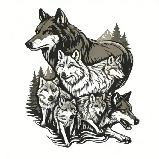 wolf pack family, 2 adults 3 cubs, mountain and forest background tattoo design idea