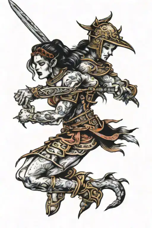 A traditional style tattoo of a woman warrior embracing her agony and pain in hell tattoo design idea