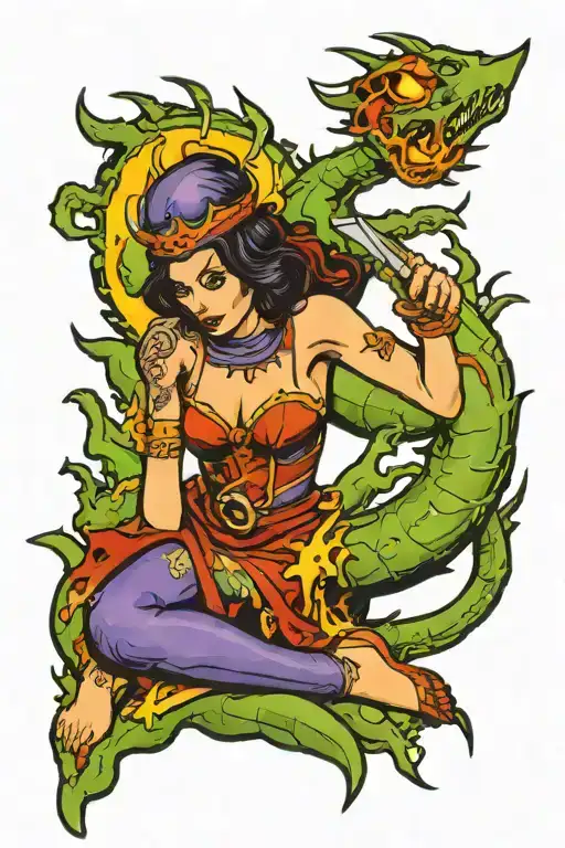 A traditional style tattoo of a woman warrior embracing her agony and pain in hell tattoo design idea