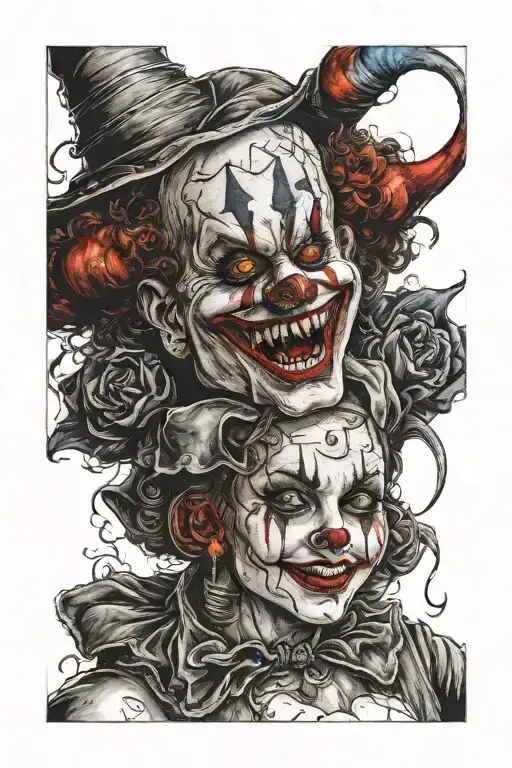 evil clown pulling a beautiful woman underground tattoo design idea