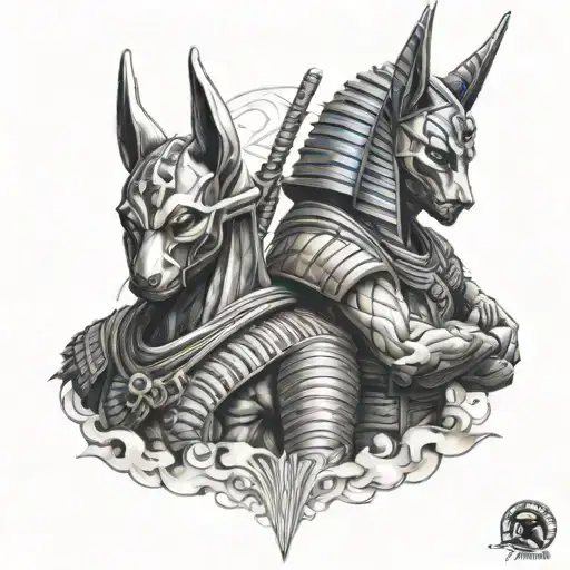 Anubis and japanese samurai warrior tattoo design idea