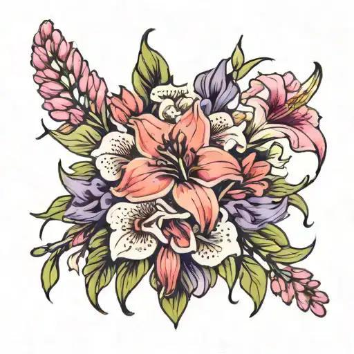 honeysuckle + violet + gladioli flower bouquet tied tattoo design idea