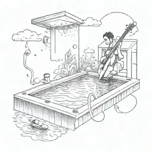 A swimming pool with musical instruments floating on the water and a silhouette of a person diving in tattoo design idea