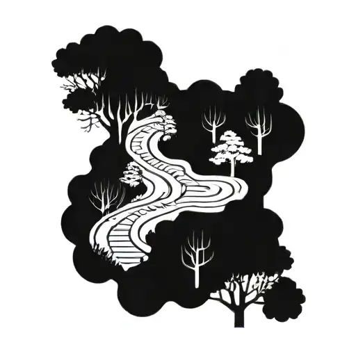 A hiking trail winding through a forest with hidden musical notes along the path tattoo design idea