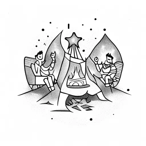 A joyful scene of friends laughing around a campfire with stars twinkling above tattoo design idea