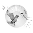 A whimsical illustration of a wine glass transforming into a flock of birds flying towards a setting sun tattoo design idea