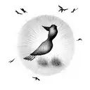 A whimsical illustration of a wine glass transforming into a flock of birds flying towards a setting sun tattoo design idea