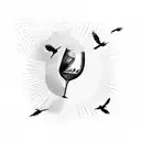 A whimsical illustration of a wine glass transforming into a flock of birds flying towards a setting sun tattoo design idea