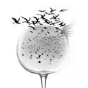 A whimsical illustration of a wine glass transforming into a flock of birds flying towards a setting sun tattoo design idea