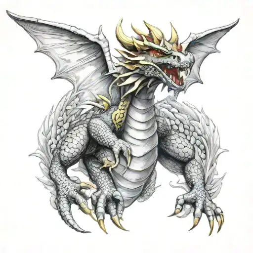 "Design a detailed tattoo featuring Meleys, the red and golden-scaled dragon, with her wings spread wide in flight. tattoo design idea