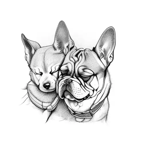 elder dog in black color sleeps and younger dog sleeps on his brother's neck tattoo design idea
