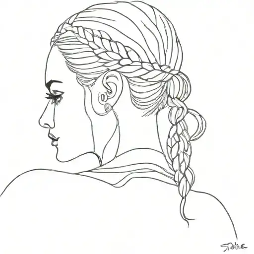 minimalist tattoo of woman with 2 braids looking into a mirror  tattoo design idea