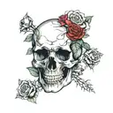skull surrounded roses blooming hearts connect to face  tattoo design idea