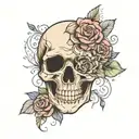 skull surrounded roses blooming hearts connect to face  tattoo design idea