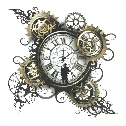 two clock faces with gears exposed in the sky with the silhouette of a family of four walking under them in moonlight tattoo design idea