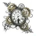 two clock faces with gears exposed in the sky with the silhouette of a family of four walking under them in moonlight tattoo design idea