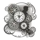 two clock faces with gears exposed in the sky with the silhouette of a family of four walking under them in moonlight tattoo design idea