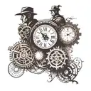 two clock faces with gears exposed in the sky with the silhouette of a family of four walking under them in moonlight tattoo design idea