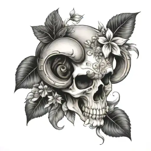 Aries skull with plants tattoo design idea