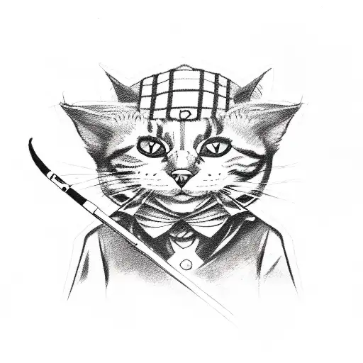 A sketch-style tattoo of a cat dressed as Jigsaw from the Saw movies, holding a pointer stick and standing in front of a UAB logo tattoo design idea