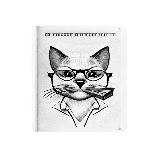 A blackwork tattoo of a cat wearing glasses and holding a book with the UAB logo on the cover, surrounded by various teaching tools tattoo design idea