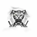 A sketch-style tattoo of a cat dressed as Jigsaw from the Saw movies, holding a pointer stick and standing in front of a UAB logo tattoo design idea