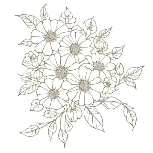 Bouquet with: daisies, roses, morning glories, roses, and violets  tattoo design idea