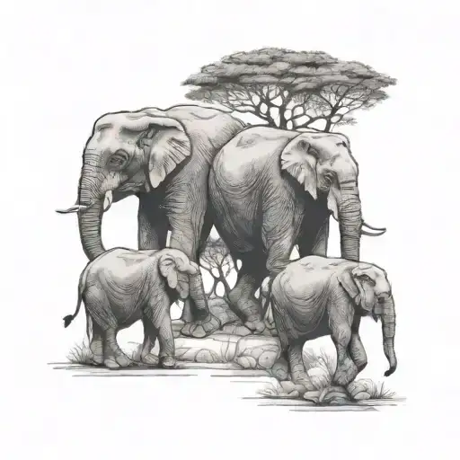 3 elephants following each other, with trees in background  tattoo design idea