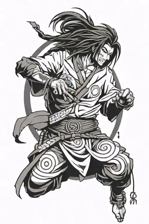 A design combining elements of Madara Uchiha and Itachi Uchiha in a unique and creative way, with a dark and intense vibe tattoo design idea