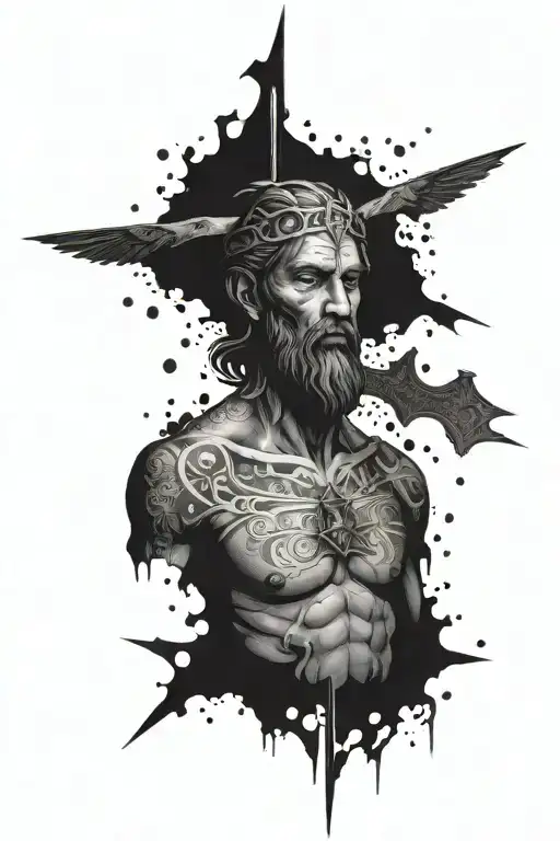 A tattoo featuring a powerful biblical figure in an anime style, surrounded by dark and dramatic imagery tattoo design idea