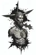 A tattoo featuring a powerful biblical figure in an anime style, surrounded by dark and dramatic imagery tattoo design idea