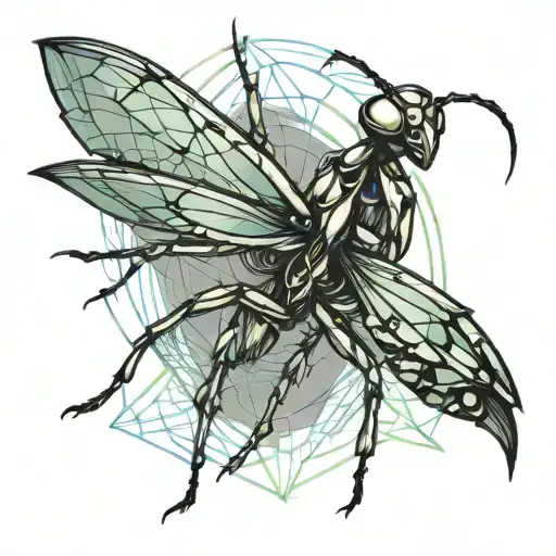 Chromatic linear design in synthesis for minimalist tattoo of mantis in defense position tattoo design idea