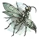 Chromatic linear design in synthesis for minimalist tattoo of mantis in defense position tattoo design idea