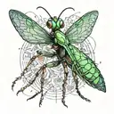 Chromatic linear design in synthesis for minimalist tattoo of mantis in defense position tattoo design idea