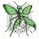 Chromatic linear design in synthesis for minimalist tattoo of mantis in defense position tattoo design idea