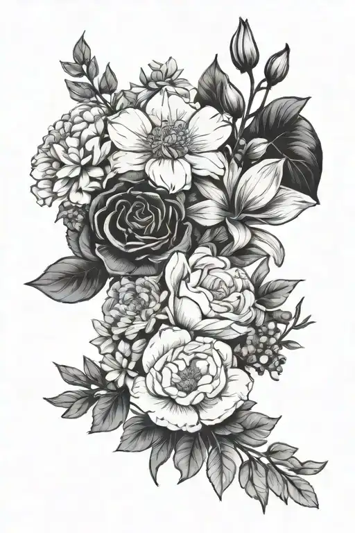 January and march and June and July and November and December birth flower line arangment bouquet tattoo design idea