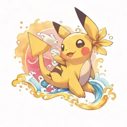 pikachu riding kingdra through water waves tattoo design idea