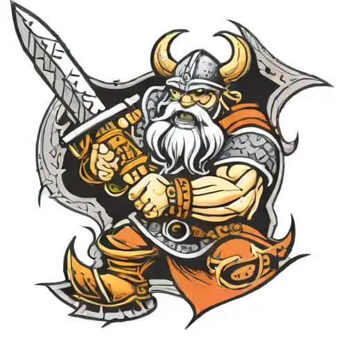 A heavy metal inspired design of a Viking warrior welding together pieces of a broken sword tattoo design idea