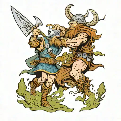 An epic battle scene between Viking warriors and mythical sea creatures, set in a forest with ancient trees tattoo design idea