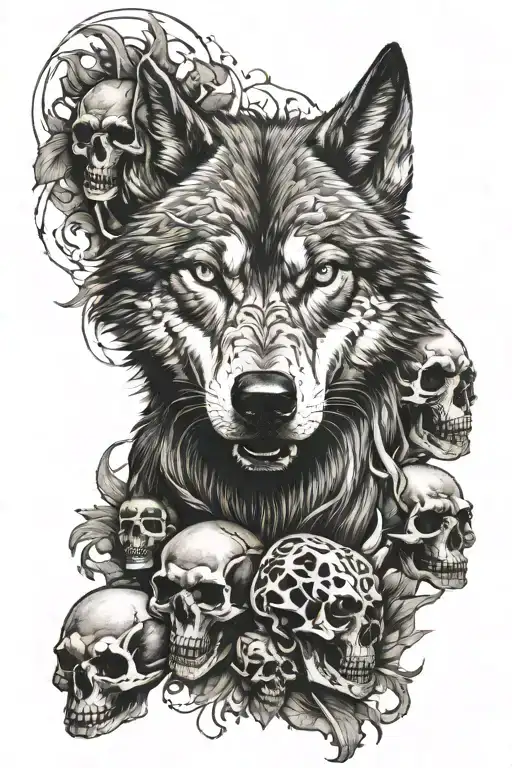 angry wolf and skulls tattoo design idea