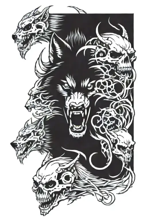 angry wolf and skulls tattoo design idea