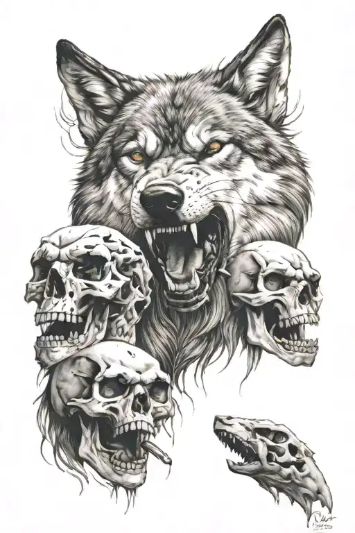 angry wolf and skulls tattoo design idea