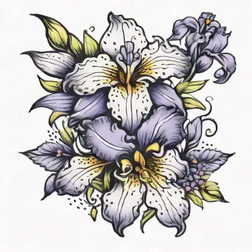 lavender and iris flower black and white colours calligraphy style tattoo design idea