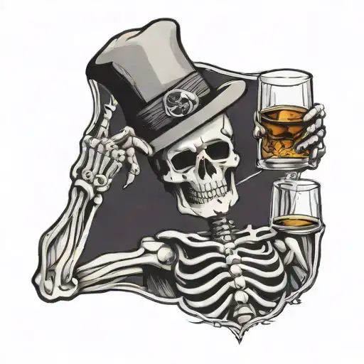 skeleton holding glass of whiskey glass tattoo design idea