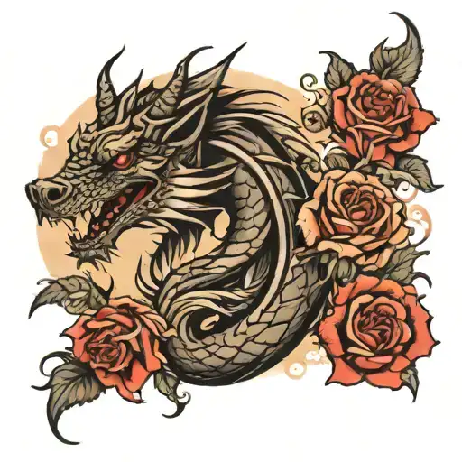 dragon and red rose going the full length of the arm, with a wolf and lions faces on the forearm tattoo design idea